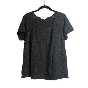Skies Are Blue Ramikan Lace Blouse Short Sleeve Crew Neck Black Size Large